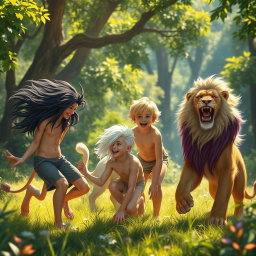 Five brothers are in a vibrant forest, engaged in joyful play