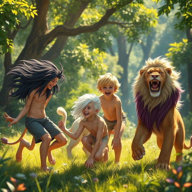 Five brothers are in a vibrant forest, engaged in joyful play