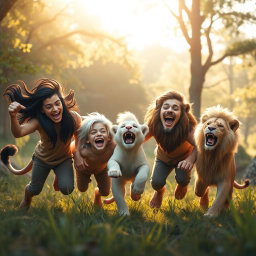 Five brothers are playing joyfully in a lush forest, radiating happiness