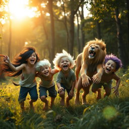 Five brothers are playing joyfully in a lush forest, radiating happiness