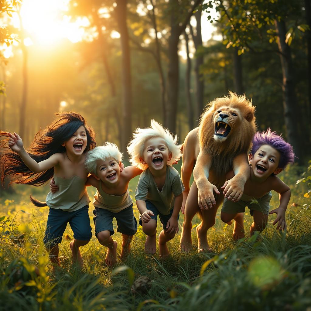 Five brothers are playing joyfully in a lush forest, radiating happiness