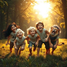 Five brothers are playing joyfully in a lush forest, radiating happiness