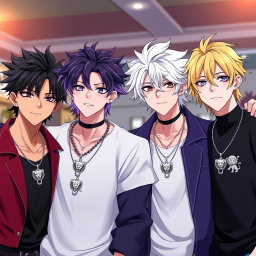 Four stylish anime boys, all around twenty years old, stand together as brothers, showcasing their unique and handsome features