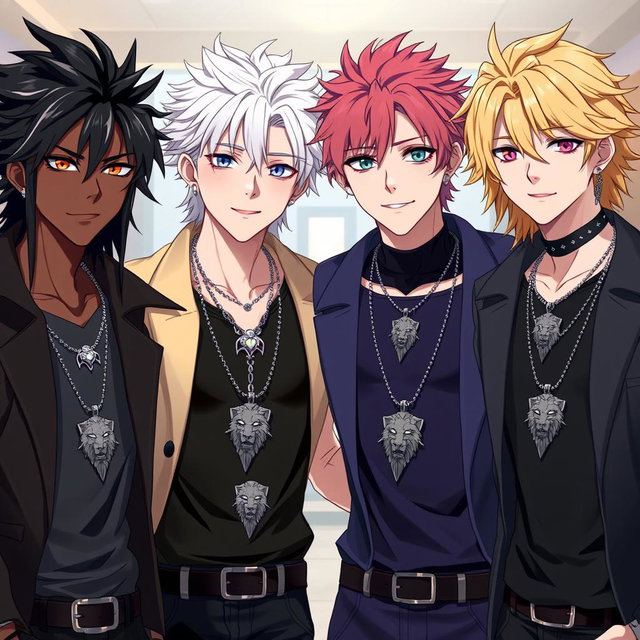Four stylish anime boys, all around twenty years old, stand together as brothers, showcasing their unique and handsome features