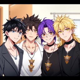 Four stylish anime boys, all around twenty years old, stand together as brothers, showcasing their unique and handsome features