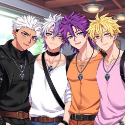 Four stylish anime boys, all around twenty years old, stand together as brothers, showcasing their unique and handsome features