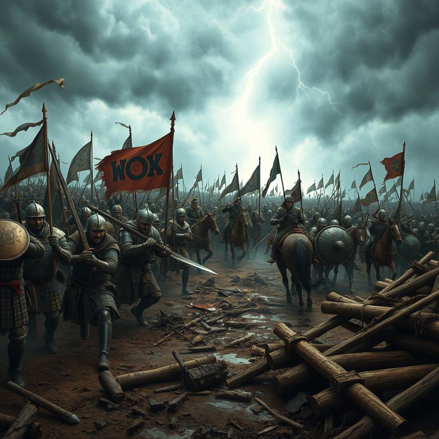 A dynamic and intense scene depicting an ancient war that took place around 1000 years ago