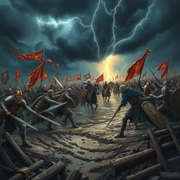 A dynamic and intense scene depicting an ancient war that took place around 1000 years ago