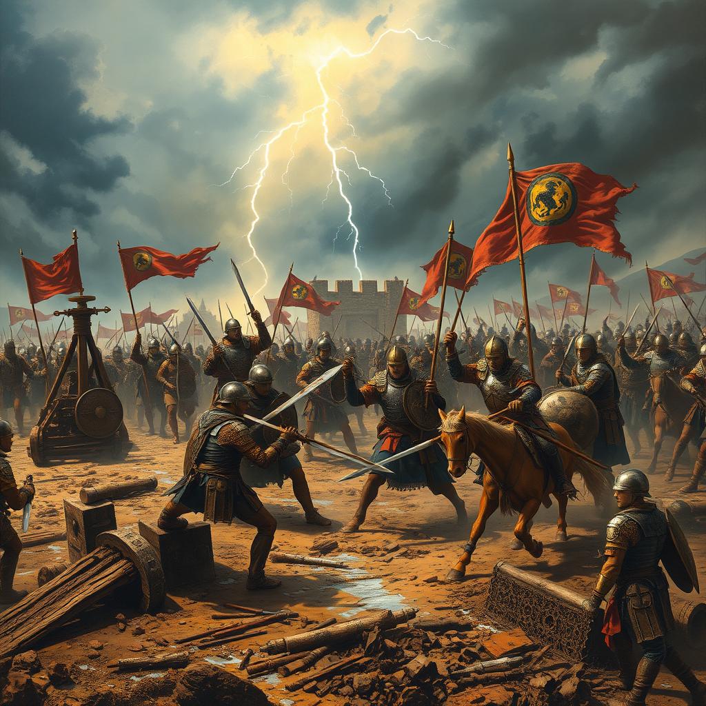 A dynamic and intense scene depicting an ancient war that took place around 1000 years ago