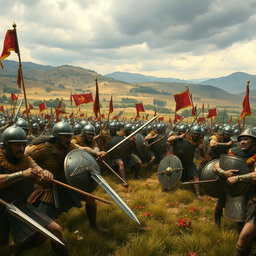 A dramatic scene depicting an ancient battlefield from 1500 years ago, with soldiers clad in historically accurate armor, engaged in intense combat