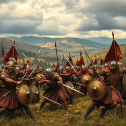 A dramatic scene depicting an ancient battlefield from 1500 years ago, with soldiers clad in historically accurate armor, engaged in intense combat