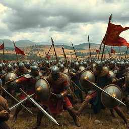 A dramatic scene depicting an ancient battlefield from 1500 years ago, with soldiers clad in historically accurate armor, engaged in intense combat