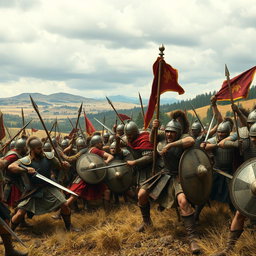 A dramatic scene depicting an ancient battlefield from 1500 years ago, with soldiers clad in historically accurate armor, engaged in intense combat