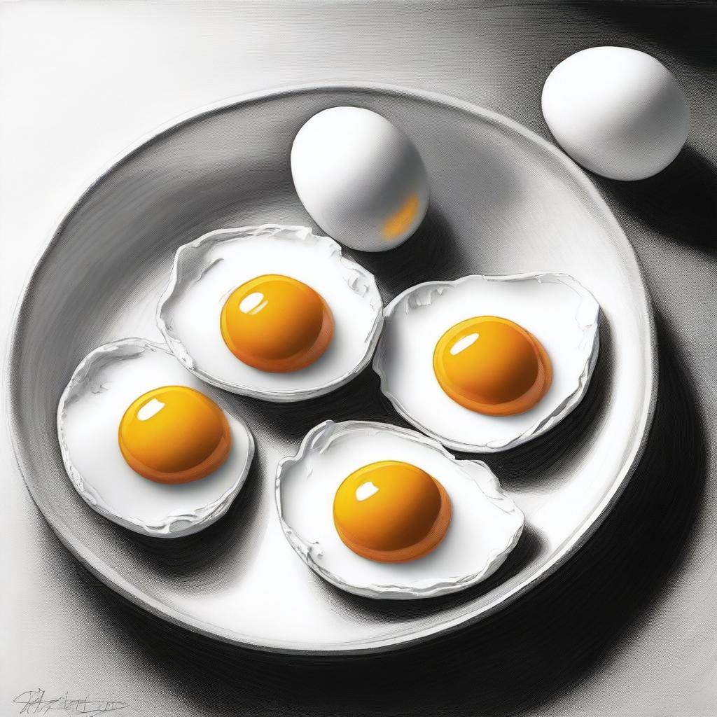 A black and white pencil drawing, rendered in high detail, capturing the simple beauty of fried eggs