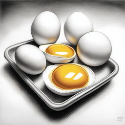 A black and white pencil drawing, rendered in high detail, capturing the simple beauty of fried eggs