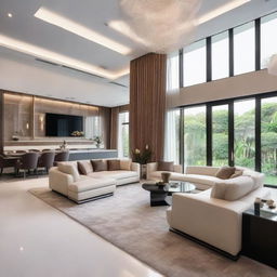 Impressive interior of a 6-bedroom house, lavishly furnished with contemporary designs, a state-of-the-art kitchen, plush living areas, and elegant decoration.