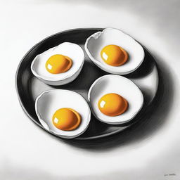 A black and white pencil drawing, rendered in high detail, capturing the simple beauty of fried eggs