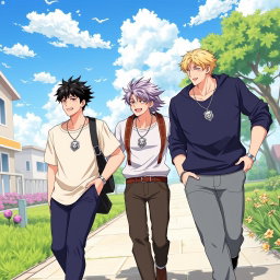 Five handsome anime-style brothers, all around twenty years old, are happily walking together on a picturesque sidewalk