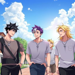 Five handsome anime-style brothers, all around twenty years old, are happily walking together on a picturesque sidewalk