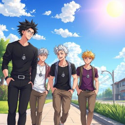 Five handsome anime-style brothers, all around twenty years old, are happily walking together on a picturesque sidewalk
