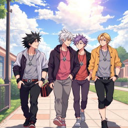 Five handsome anime-style brothers, all around twenty years old, are happily walking together on a picturesque sidewalk