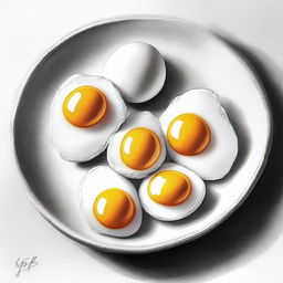 A black and white pencil drawing, rendered in high detail, capturing the simple beauty of fried eggs