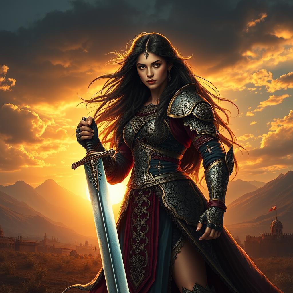 A stunning portrayal of Gordafarid, a heroic and beautiful Persian woman from ancient mythology, depicted with long flowing hair, wearing intricately designed armor adorned with symbolic patterns