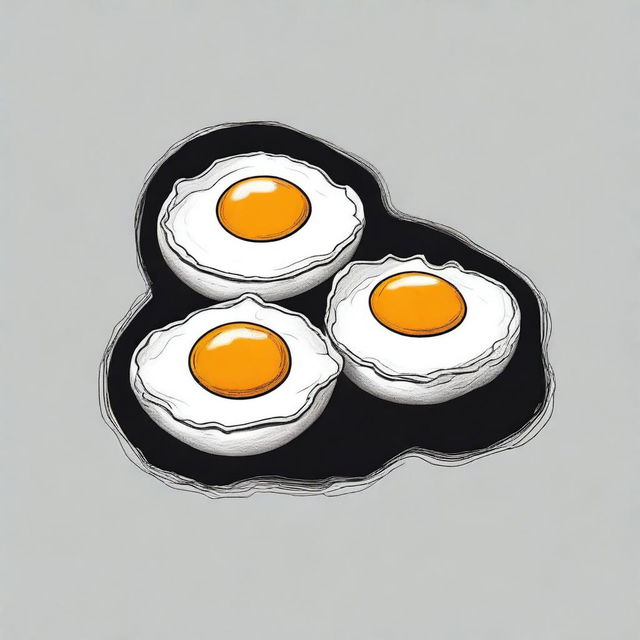 A high-quality black and white illustration showcasing a pair of fried eggs