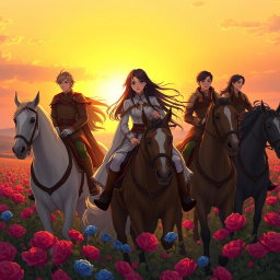 An anime-style female war commander, breathtakingly beautiful with long black hair and stunning blue eyes, rides alongside her fiancé, a handsome young man with golden hair, and her four brothers, all around twenty years old, who sport flowing black hair