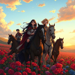 An anime-style female war commander, breathtakingly beautiful with long black hair and stunning blue eyes, rides alongside her fiancé, a handsome young man with golden hair, and her four brothers, all around twenty years old, who sport flowing black hair