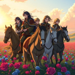 An anime-style female war commander, breathtakingly beautiful with long black hair and stunning blue eyes, rides alongside her fiancé, a handsome young man with golden hair, and her four brothers, all around twenty years old, who sport flowing black hair