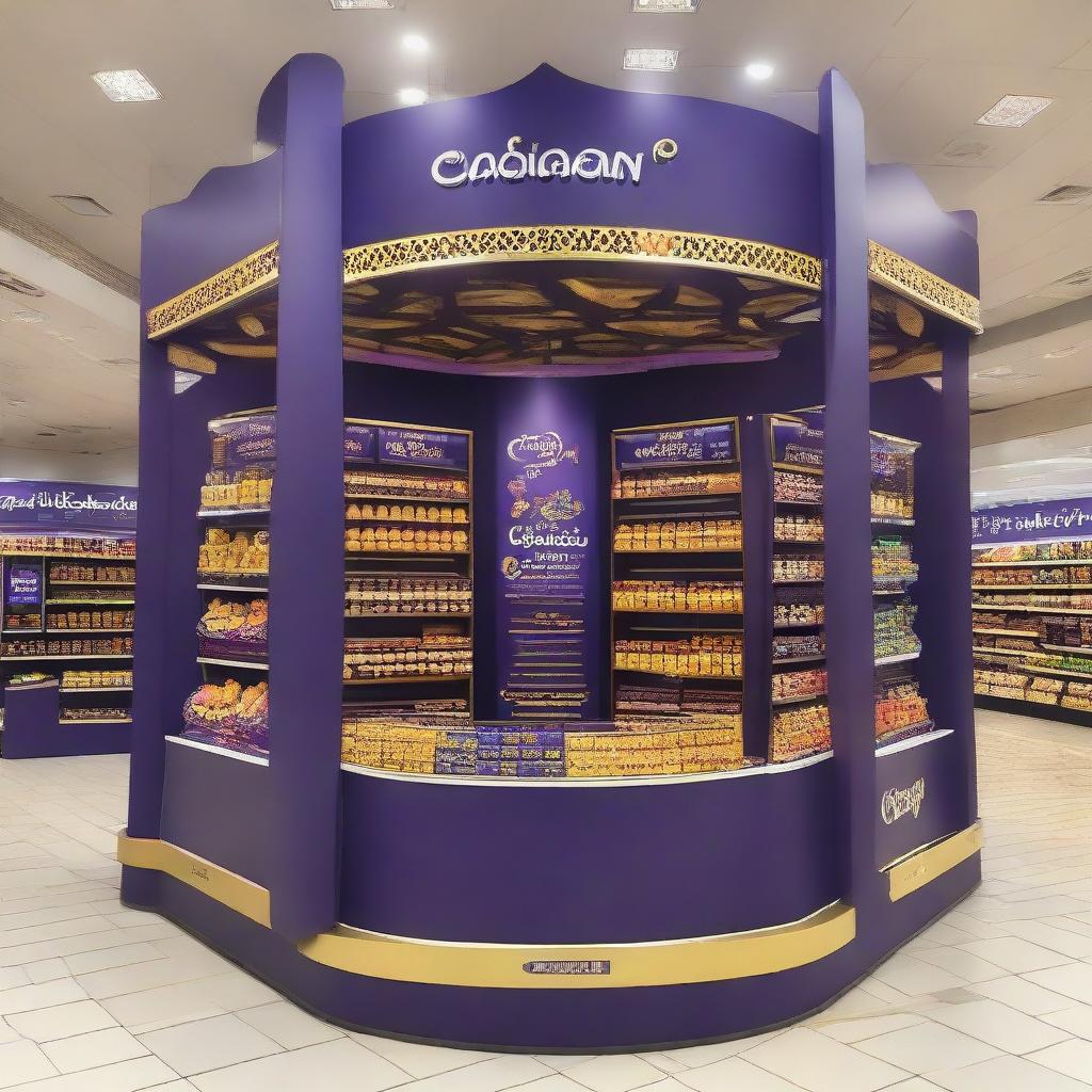 An elegantly adorned Cadbury chocolate stand at a supermarket with Ramadan-inspired motifs. This curvy, Islamic-shaped stand showcases shelves of delectable treats bathed in warm light and adorned with Ramadan lanterns, setting up a festive atmosphere.