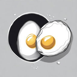 A high-quality black and white illustration showcasing a pair of fried eggs