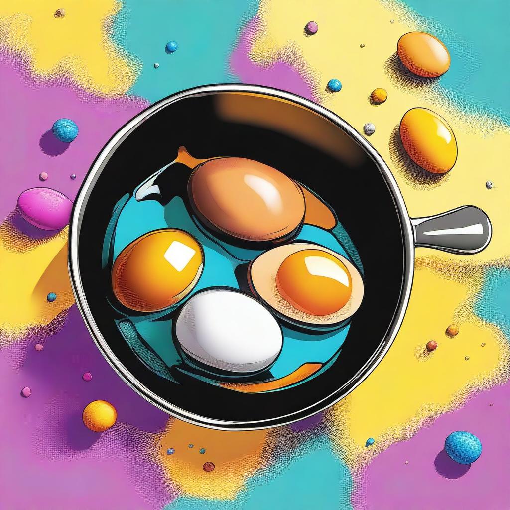 A vibrant, high-quality digital illustration depicting eggs in a frying pan