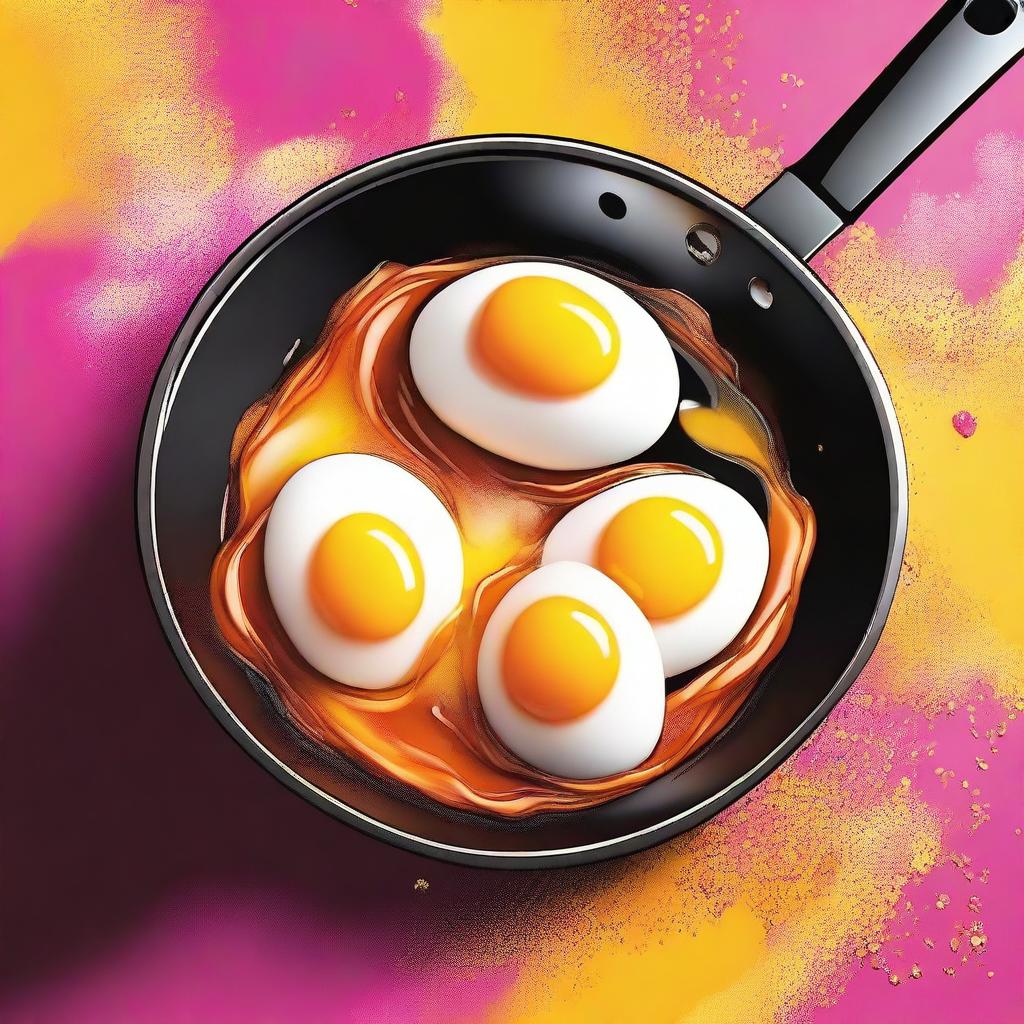 A vibrant, high-quality digital illustration depicting eggs in a frying pan