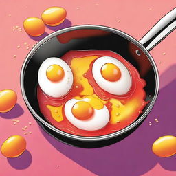 A vibrant, high-quality digital illustration depicting eggs in a frying pan