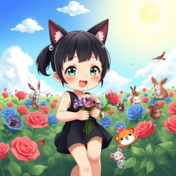 A charming anime-style seven-year-old girl with beautifully styled black hair tied up in pigtails walks joyfully through a field of blue and red roses