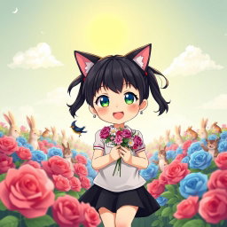 A charming anime-style seven-year-old girl with beautifully styled black hair tied up in pigtails walks joyfully through a field of blue and red roses