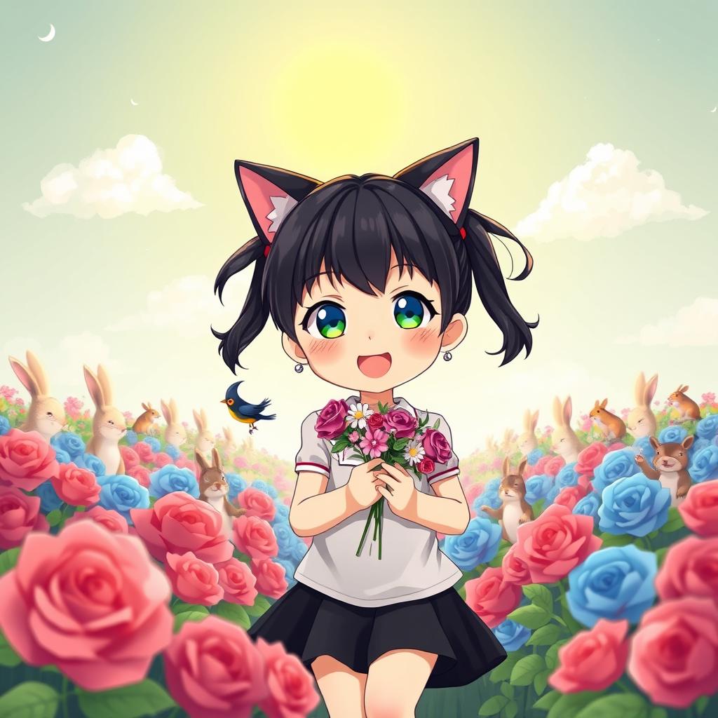 A charming anime-style seven-year-old girl with beautifully styled black hair tied up in pigtails walks joyfully through a field of blue and red roses