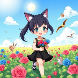 A charming anime-style seven-year-old girl with beautifully styled black hair tied up in pigtails walks joyfully through a field of blue and red roses