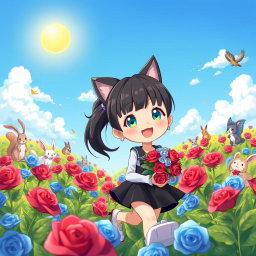 A charming anime-style seven-year-old girl with beautifully styled black hair tied up in pigtails walks joyfully through a field of blue and red roses