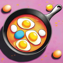 A vibrant, high-quality digital illustration depicting eggs in a frying pan