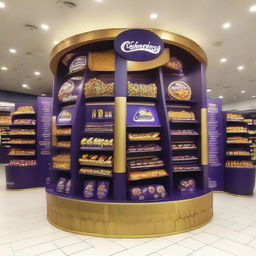 An elegantly adorned Cadbury chocolate stand at a supermarket with Ramadan-inspired motifs. This curvy, Islamic-shaped stand showcases shelves of delectable treats bathed in warm light and adorned with Ramadan lanterns, setting up a festive atmosphere.