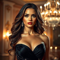 A stunning, glamorous portrait of a confident woman in an elegant evening gown, exuding charisma and allure