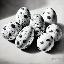 A sophisticated, high-quality black and white pencil drawing featuring quail eggs