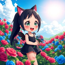 A charming seven-year-old anime-style girl with beautiful black hair tied back walks joyfully through a vivid 3D scene filled with blue and red roses