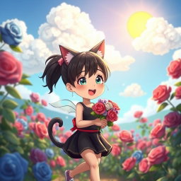 A charming seven-year-old anime-style girl with beautiful black hair tied back walks joyfully through a vivid 3D scene filled with blue and red roses