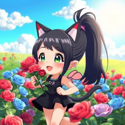 A charming seven-year-old anime-style girl with beautiful black hair tied back walks joyfully through a vivid 3D scene filled with blue and red roses