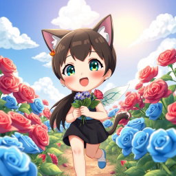 A charming seven-year-old anime-style girl with beautiful black hair tied back walks joyfully through a vivid 3D scene filled with blue and red roses