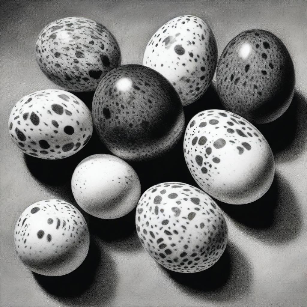 A sophisticated, high-quality black and white pencil drawing featuring quail eggs